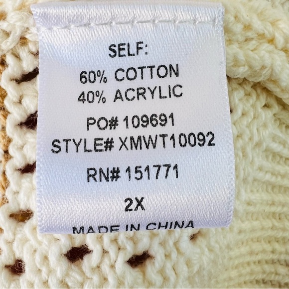 CROCHET FLORAL AND STRIPES CREAM TAN FLUTTER SLEEVE PULLOVER SWEATER SIZE 2X NWT - Picture 7 of 9